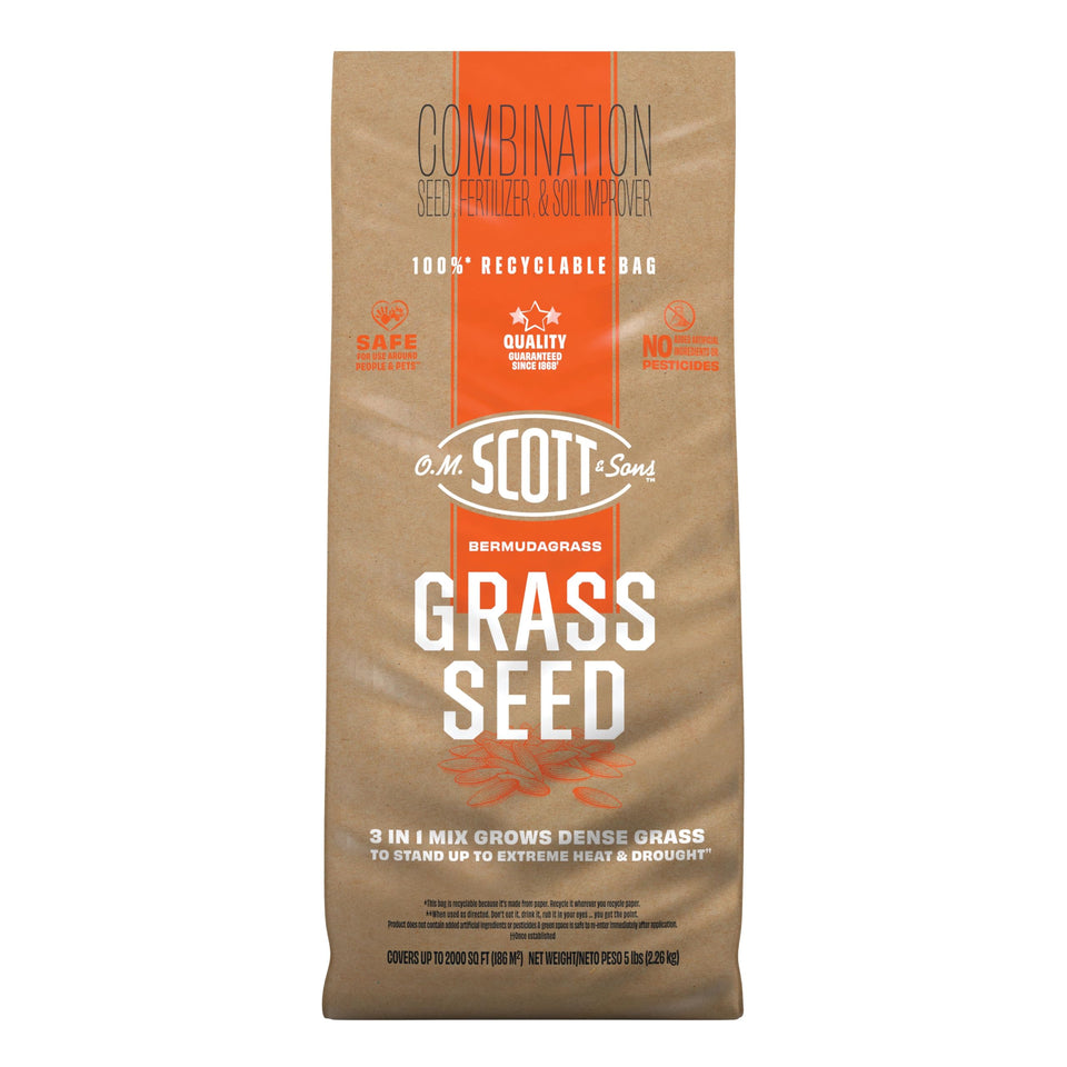 Scotts Bermudagrass seed bag showing a heat-tolerant lawn solution.