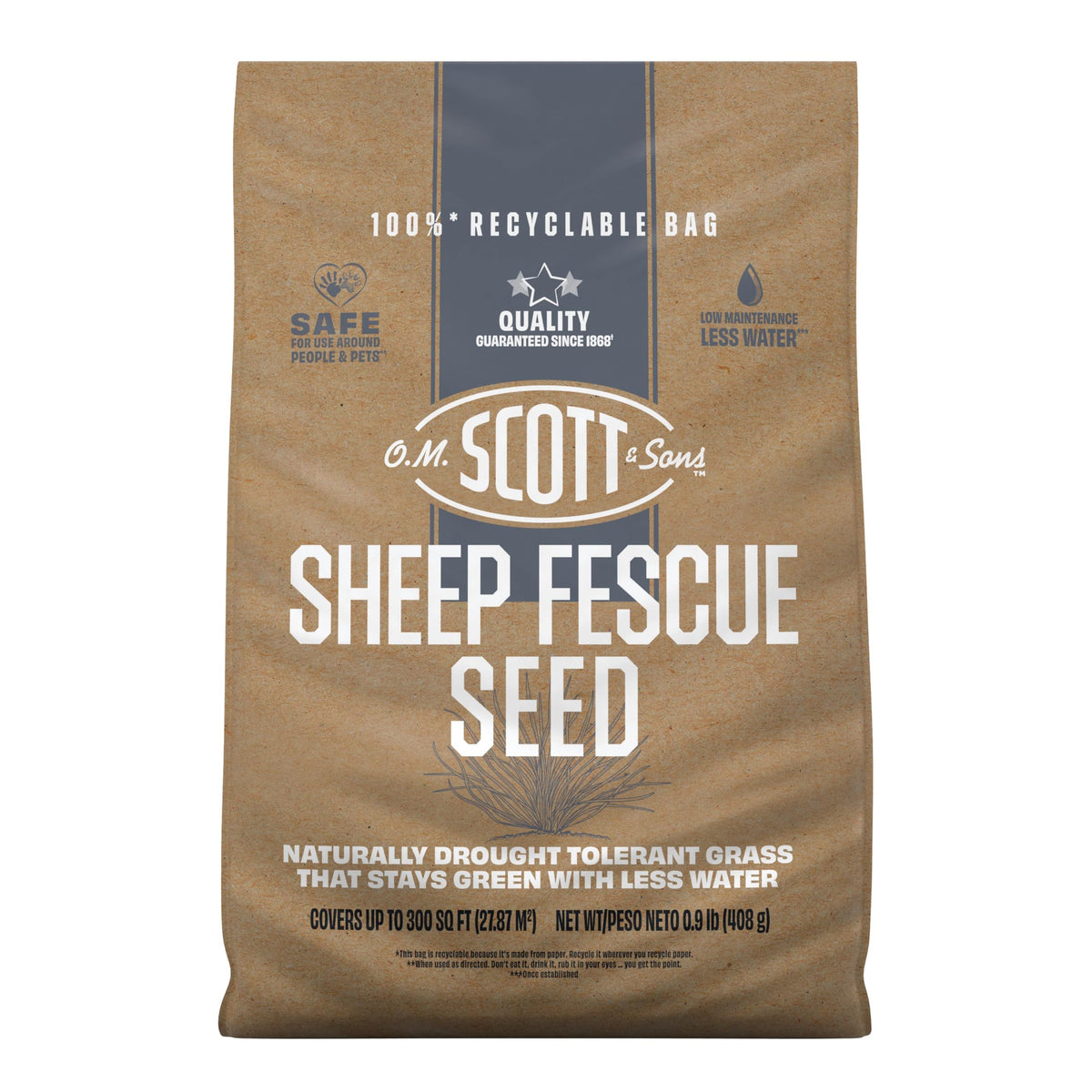 Scotts O.M. Sheep Fescue Seed bag front view highlighting drought-tolerant lawn option