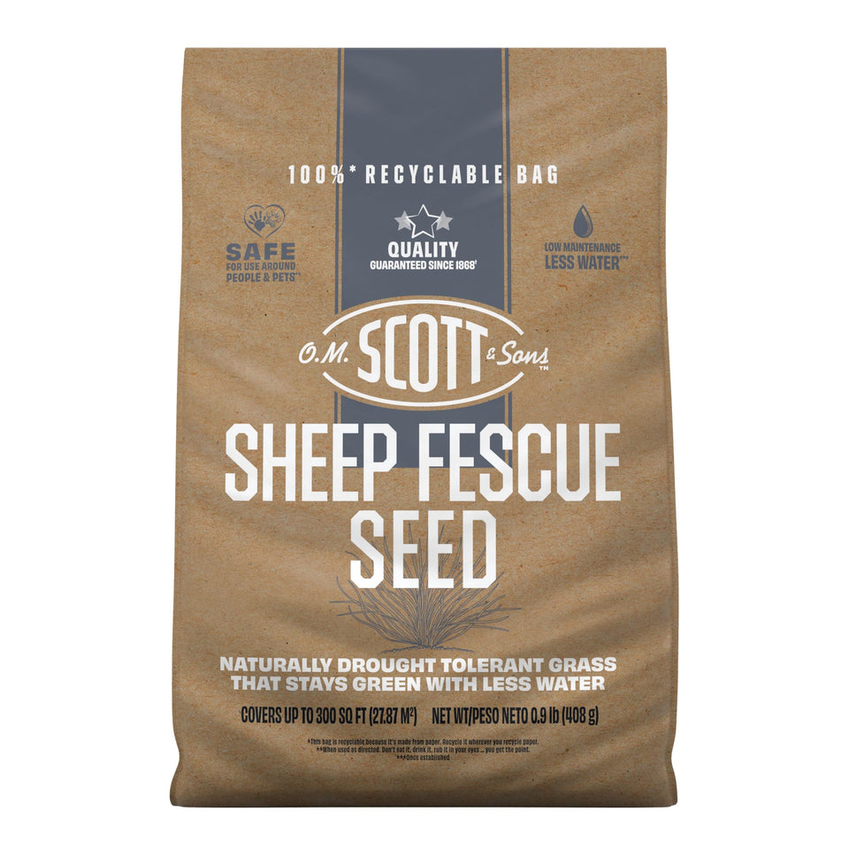 Scotts O.M. Sheep Fescue Seed bag front view highlighting drought-tolerant lawn option