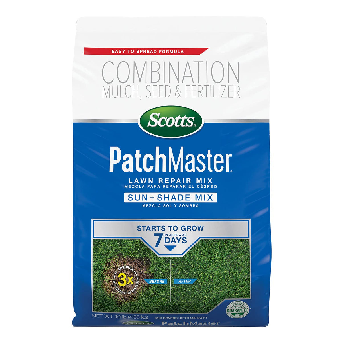 Scotts PatchMaster lawn repair mix bag ready for bare-spot restoration.