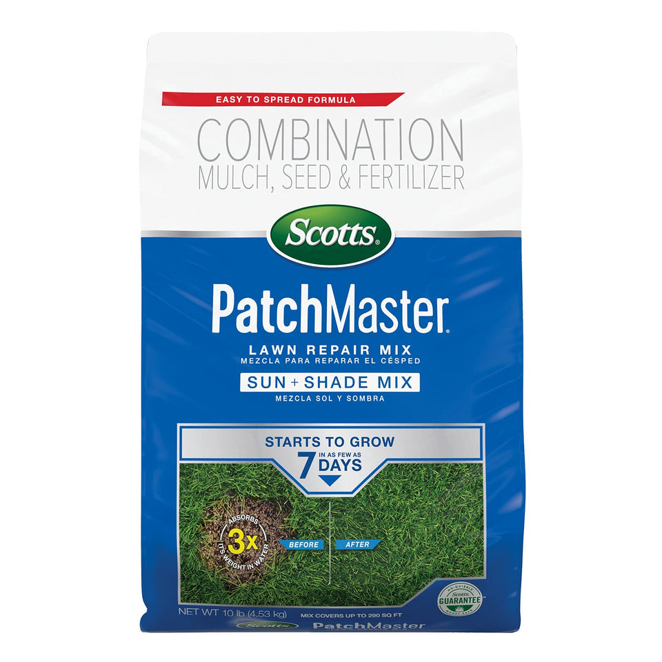 Scotts PatchMaster lawn repair mix bag ready for bare-spot restoration.
