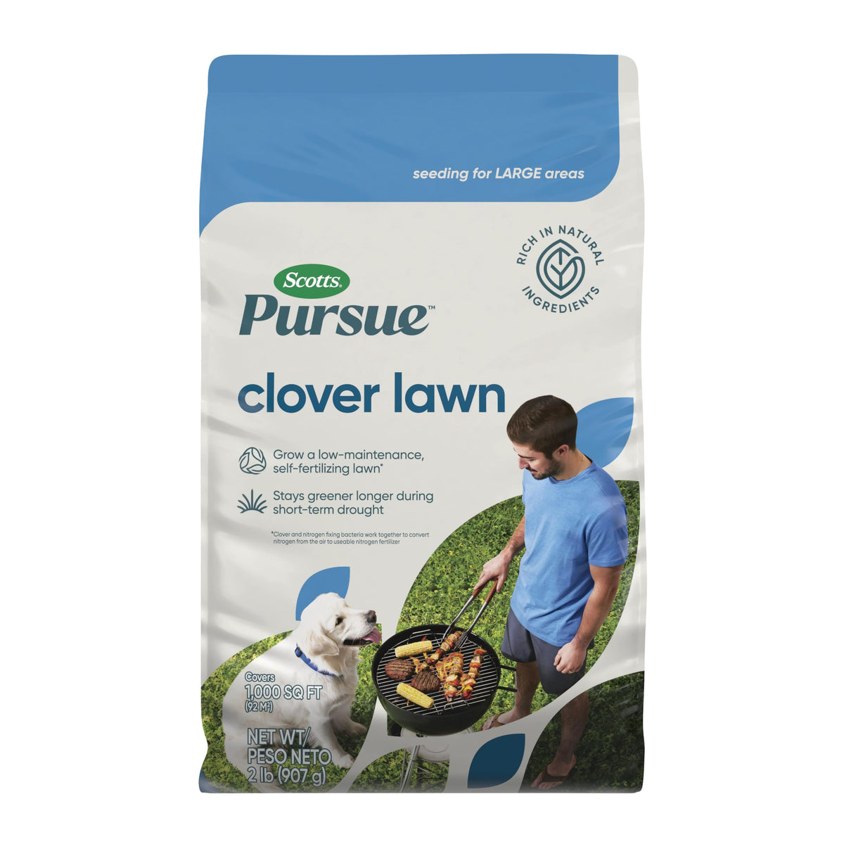 Scotts Pursue Clover Lawn seed bag, a low-maintenance greener alternative.