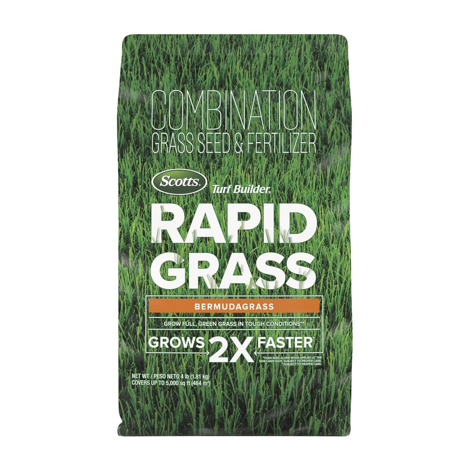 Scotts Turf Builder Rapid Grass Bermudagrass bag ready for spring lawn establishment.