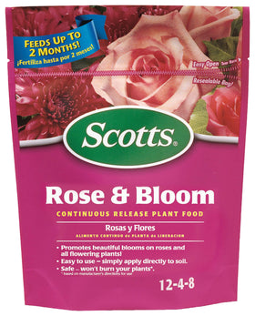 Scotts Rose & Bloom continuous release bottle shows slow-release feeding for vibrant blooms
