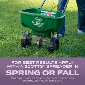 Scotts spreader-ready seed being applied evenly on lawn