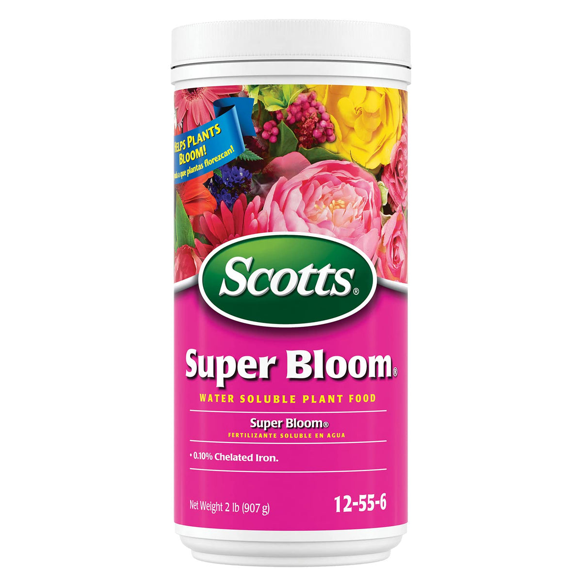 Scotts Super Bloom bottle pour demonstrates quick feeding for vibrant outdoor flowers.