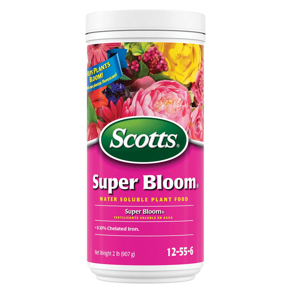Scotts Super Bloom bottle pour demonstrates quick feeding for vibrant outdoor flowers.