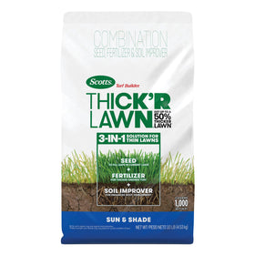 Scotts Thick'R Lawn Sun & Shade bag emphasizes thicker turf potential in sun and shade.