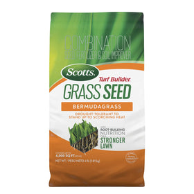 Scotts Turf Builder Bermudagrass seed bag promotes thick new lawn growth.