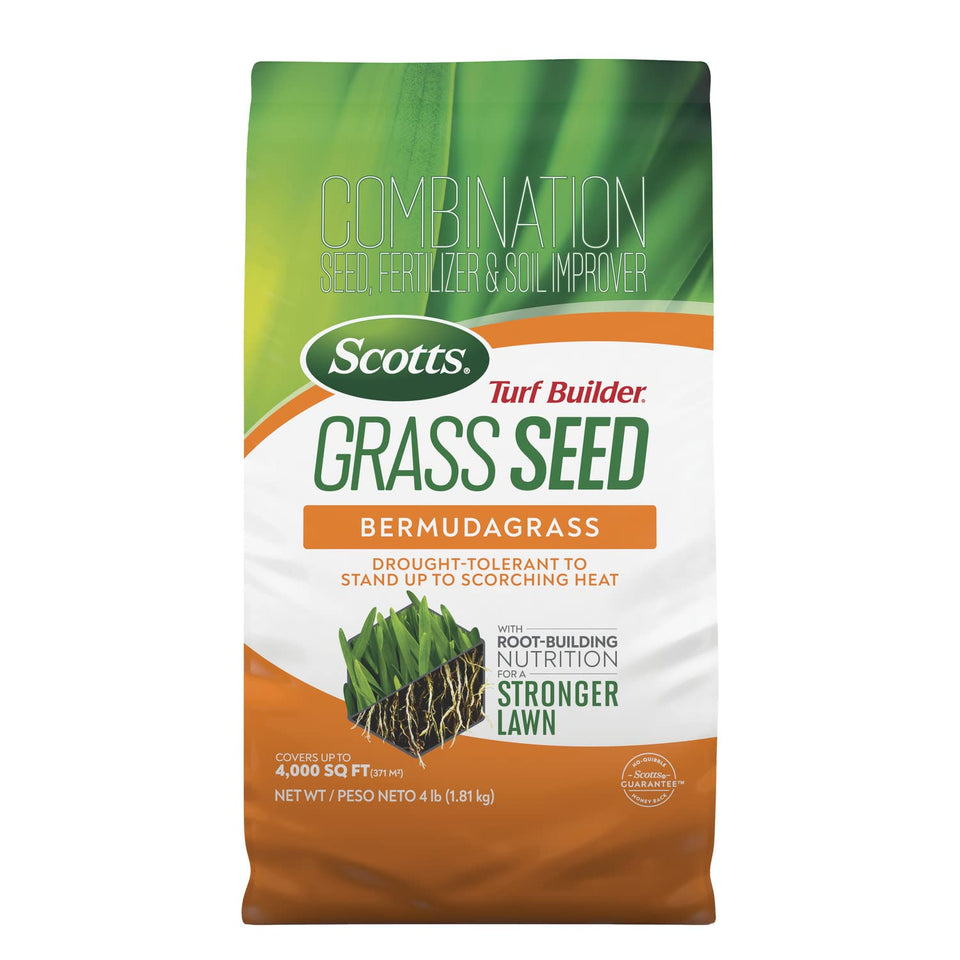 Scotts Turf Builder Bermudagrass seed bag promotes thick new lawn growth.