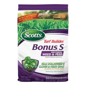 Scotts Turf Builder Bonus S Southern Weed & Feed2 bottle ready for weed control and lawn feeding.