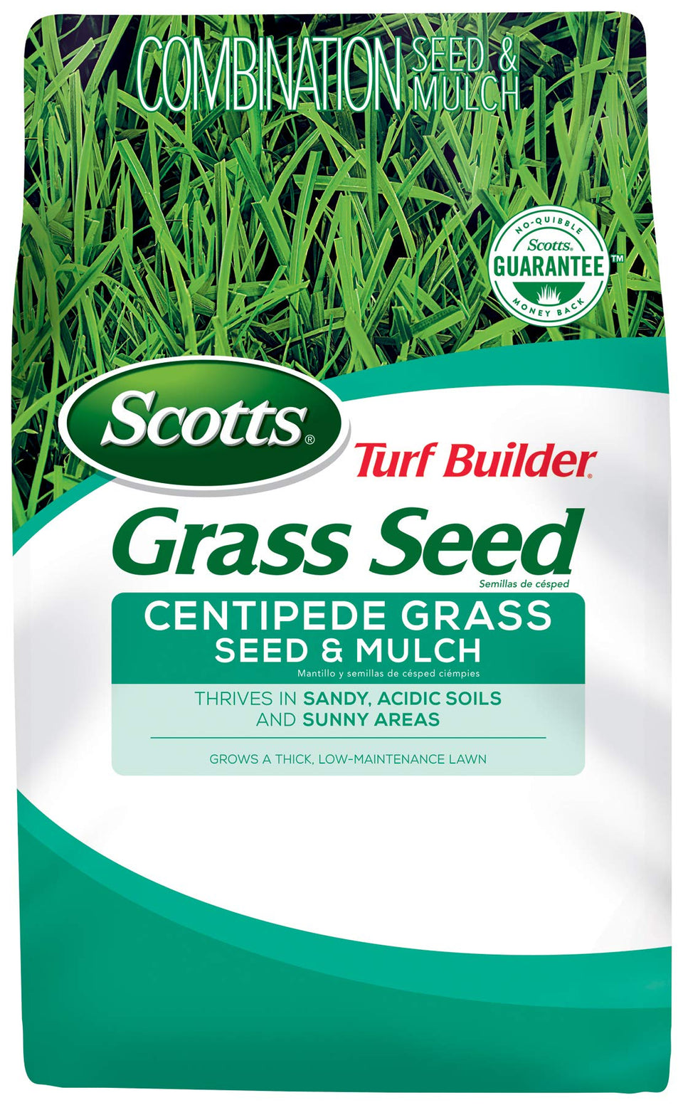 Scotts Turf Builder Centipede seed and mulch bag in sunny yard promotes thick, low-maintenance turf.