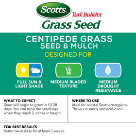 Scotts Turf Builder Centipede seed and mulch being spread evenly for new lawn.