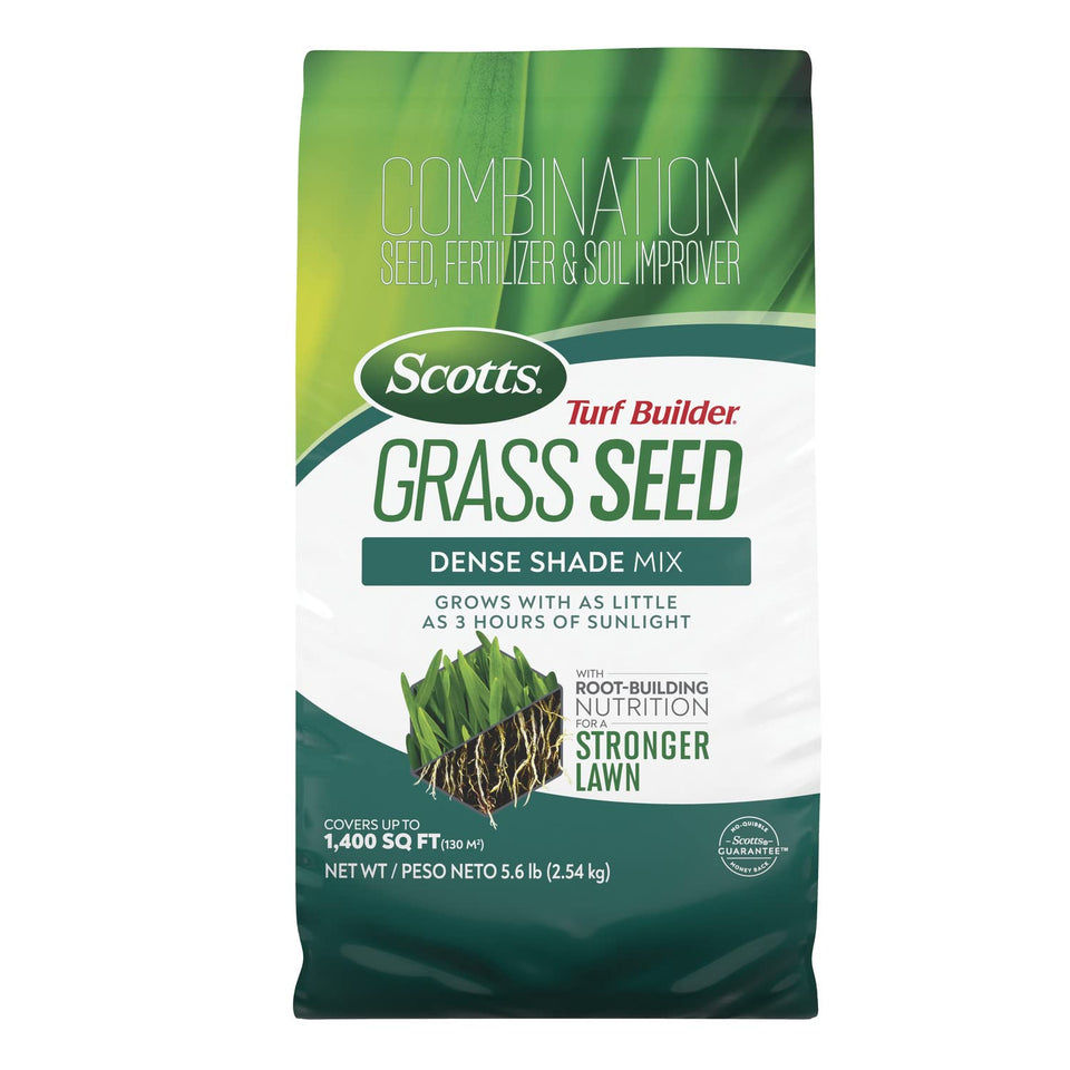 Scotts Turf Builder Dense Shade Mix bag ready to seed a shaded lawn.