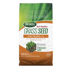 Scotts Turf Builder Grass Seed High Traffic Mix bag front showing durable lawn seed blend.