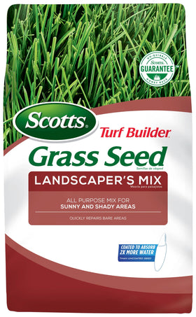 Scotts Turf Builder Landscaper's Mix seed blend ready for overseeding bare patches in Northern lawns.