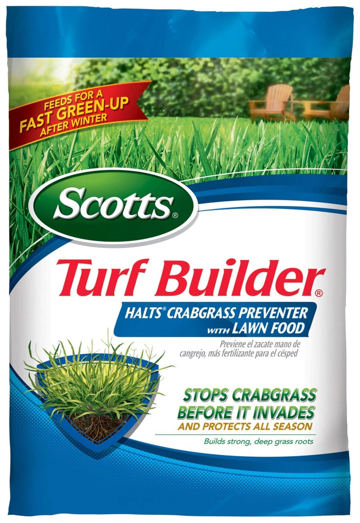 Scotts Turf Builder Halts Crabgrass Preventer with Lawn Food bag on lawn for spring care.