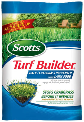Scotts Turf Builder Halts Crabgrass Preventer with Lawn Food bag on lawn for spring care.