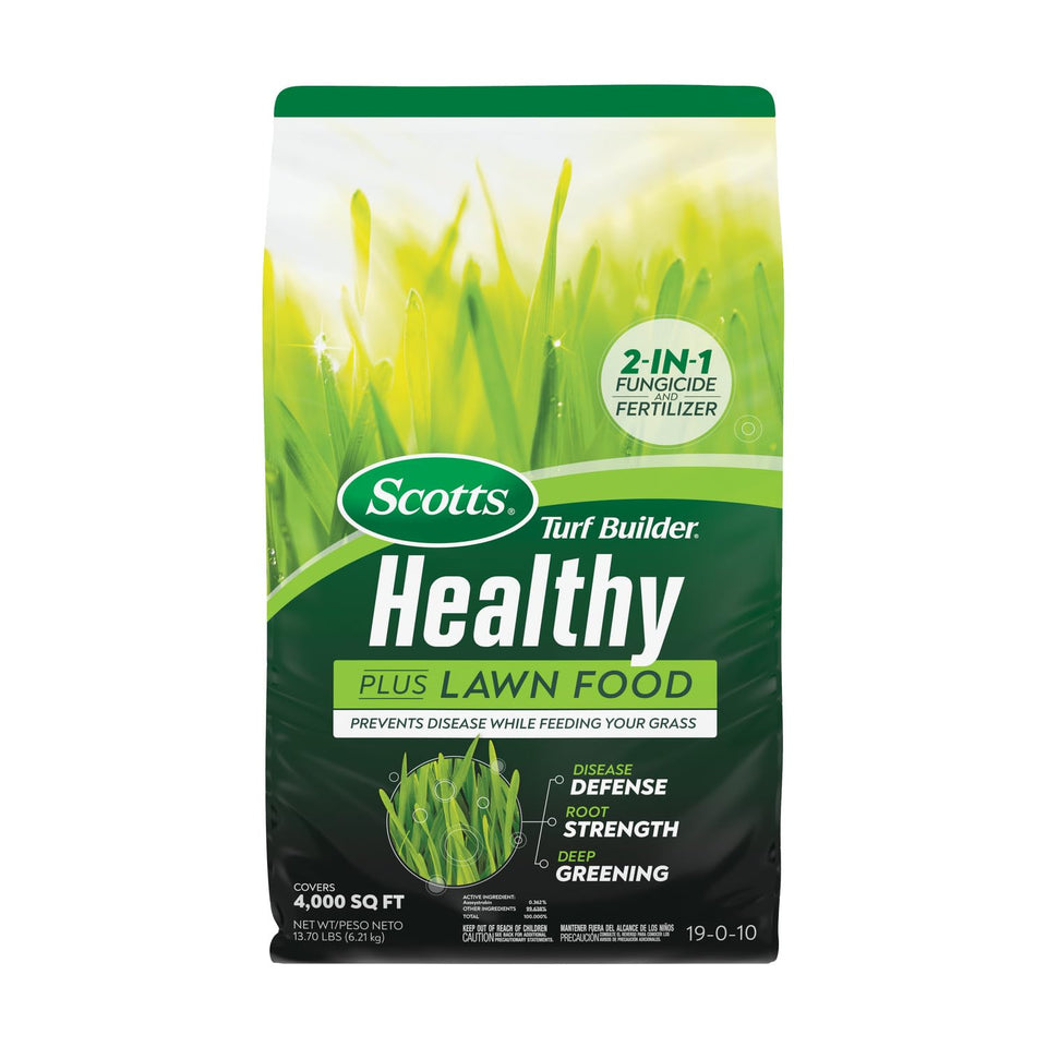 Scotts Turf Builder Healthy Plus package front; all-in-one lawn care for disease prevention.
