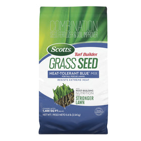 Scotts Turf Builder heat-tolerant blue mix seed close-up with root-building nutrition.