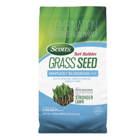 Scotts Turf Builder Kentucky Bluegrass seed bag ready for planting dense lawn.