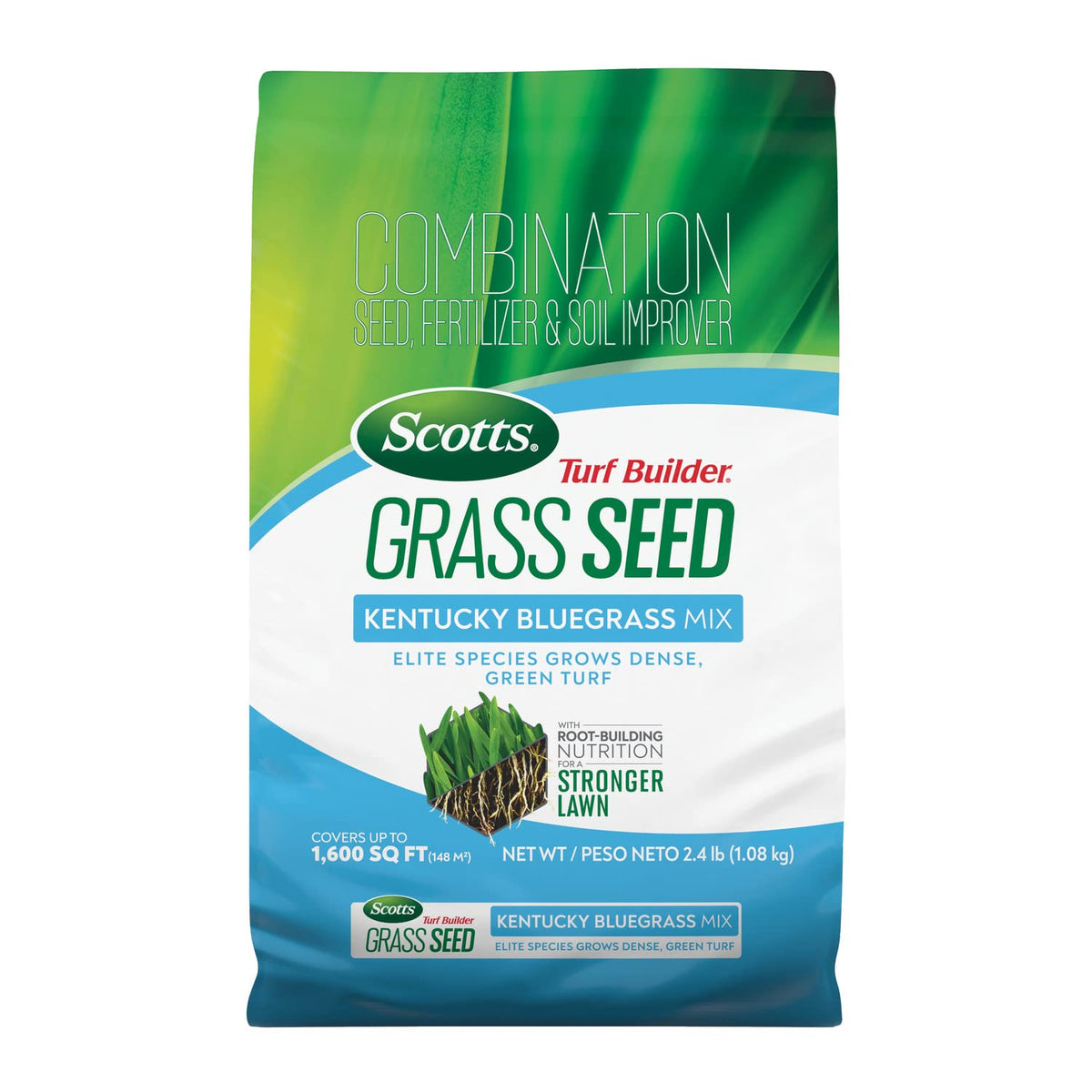 Scotts Turf Builder Kentucky Bluegrass seed bottle ready for lawn seeding
