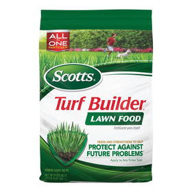 Scotts Turf Builder Lawn Food Northern bag on green lawn promotes deeper roots.