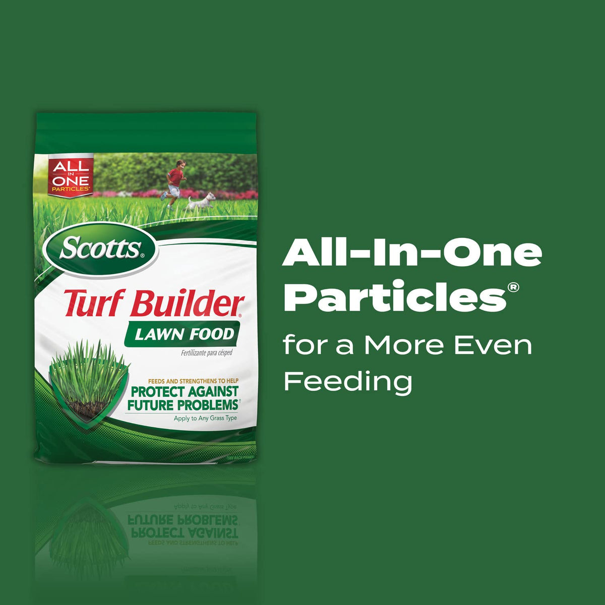Scotts Turf Builder Lawn Food Northern shows 5,000 sq ft coverage on lush turf.