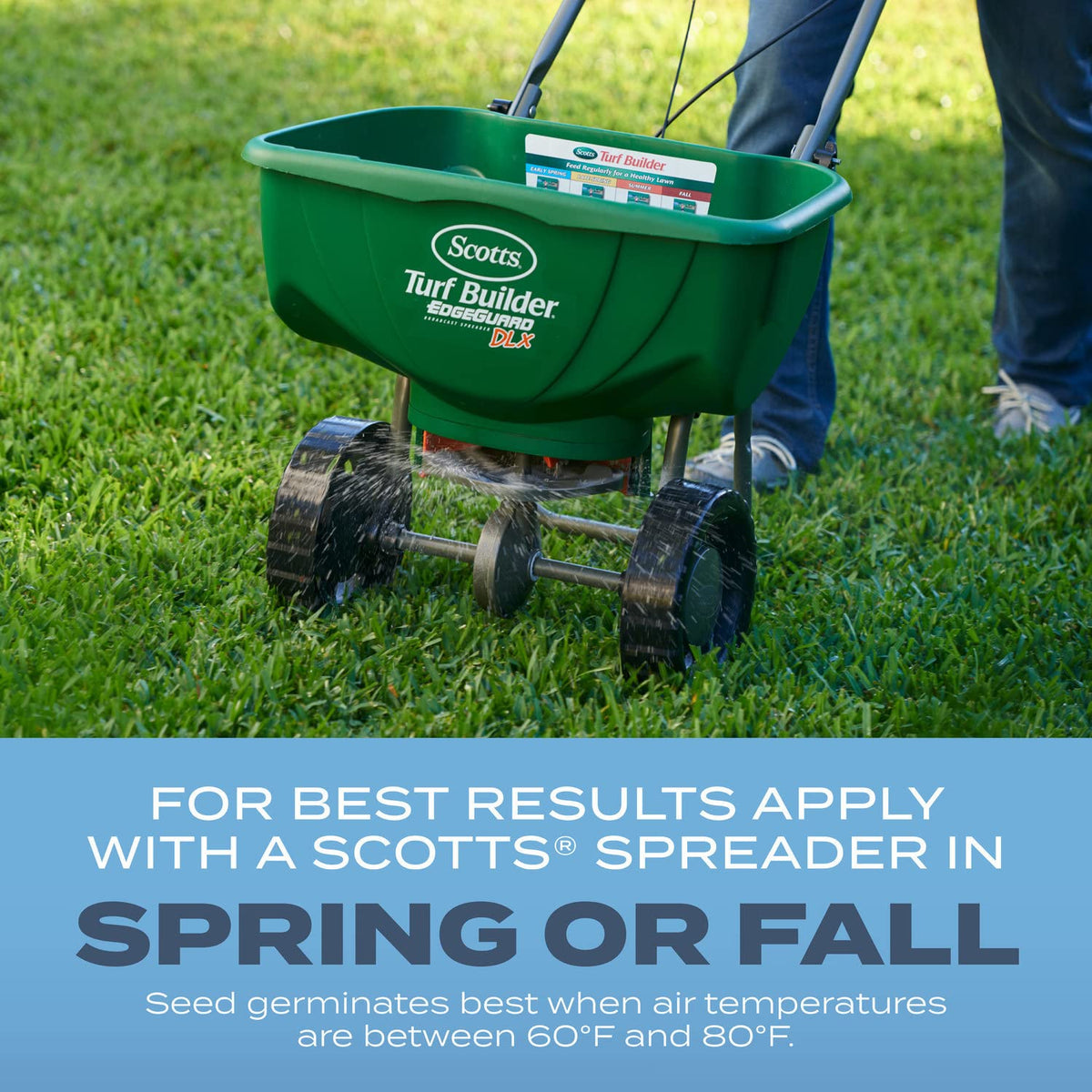 Lawn spreader applying Scotts Turf Builder for even spread