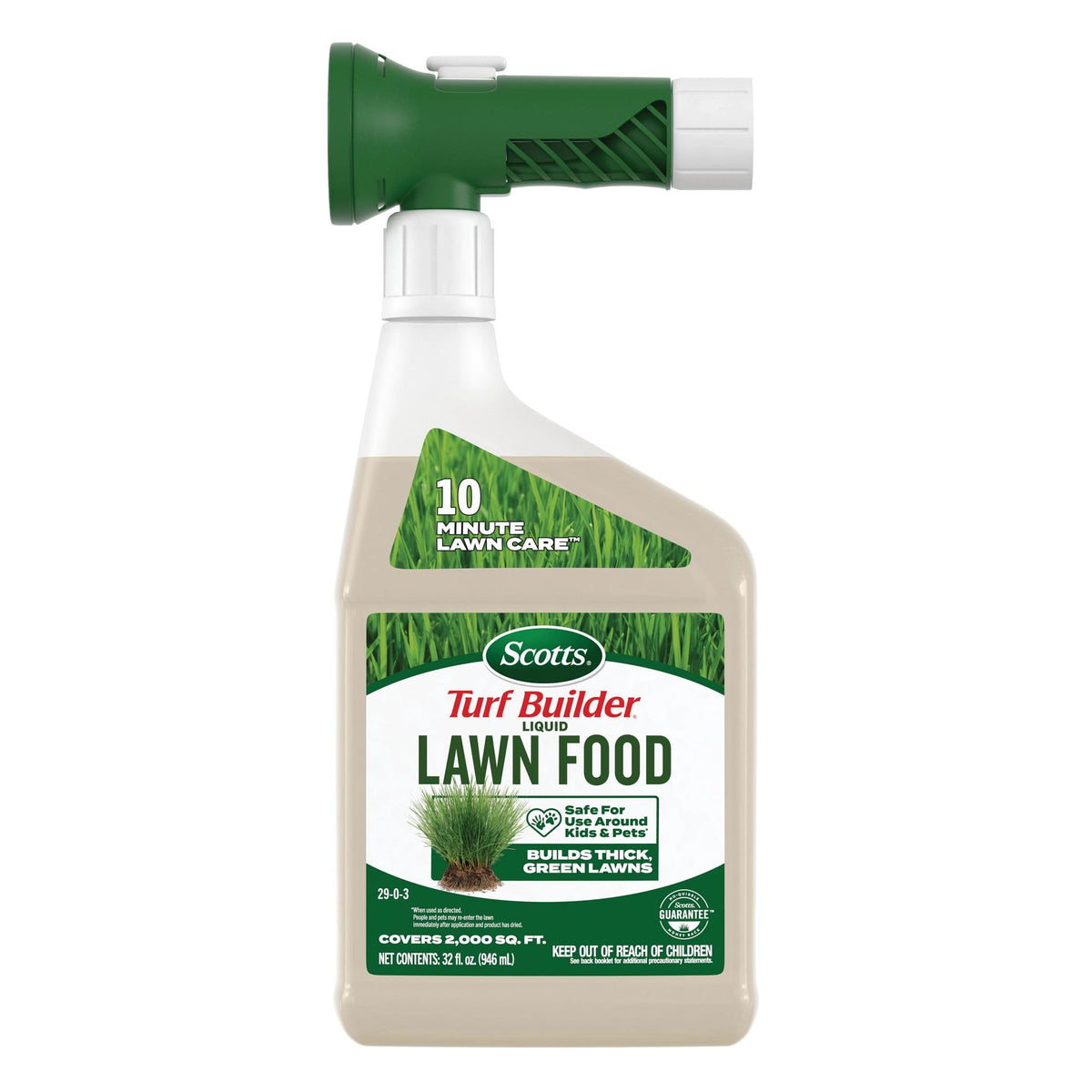 Scotts Turf Builder bottle pour demonstrates fast 2,000 sq ft coverage in minutes.
