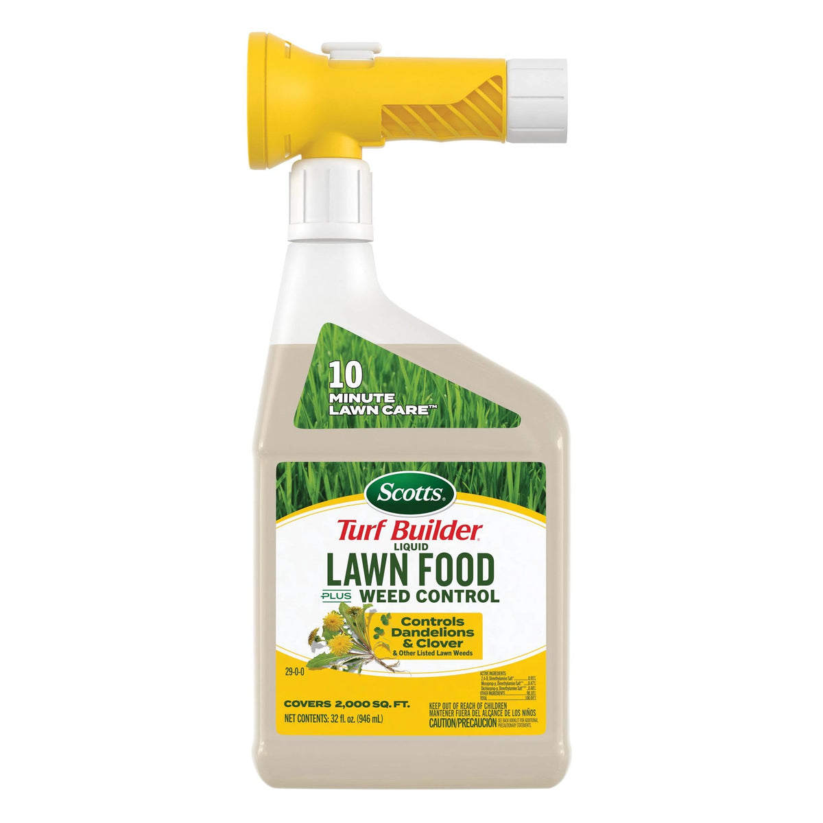 Scotts Turf Builder bottle connected to a hose for quick weed control