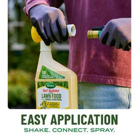 Product labels indicating 2-in-1 weed control and lawn feeding