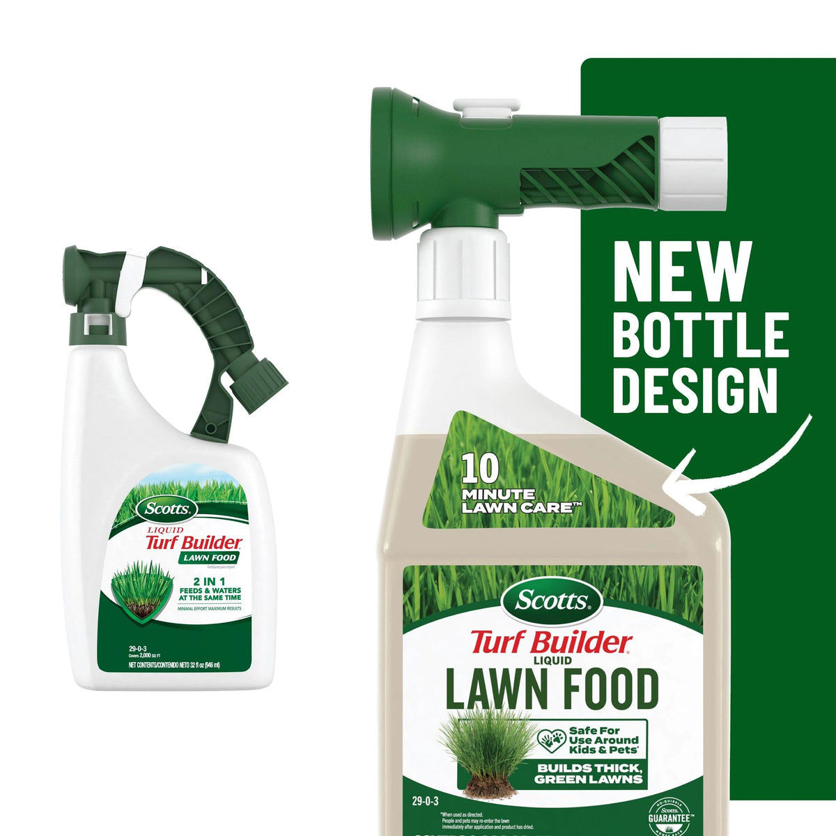 Scotts Turf Builder spray-action shows easy hose-end application.