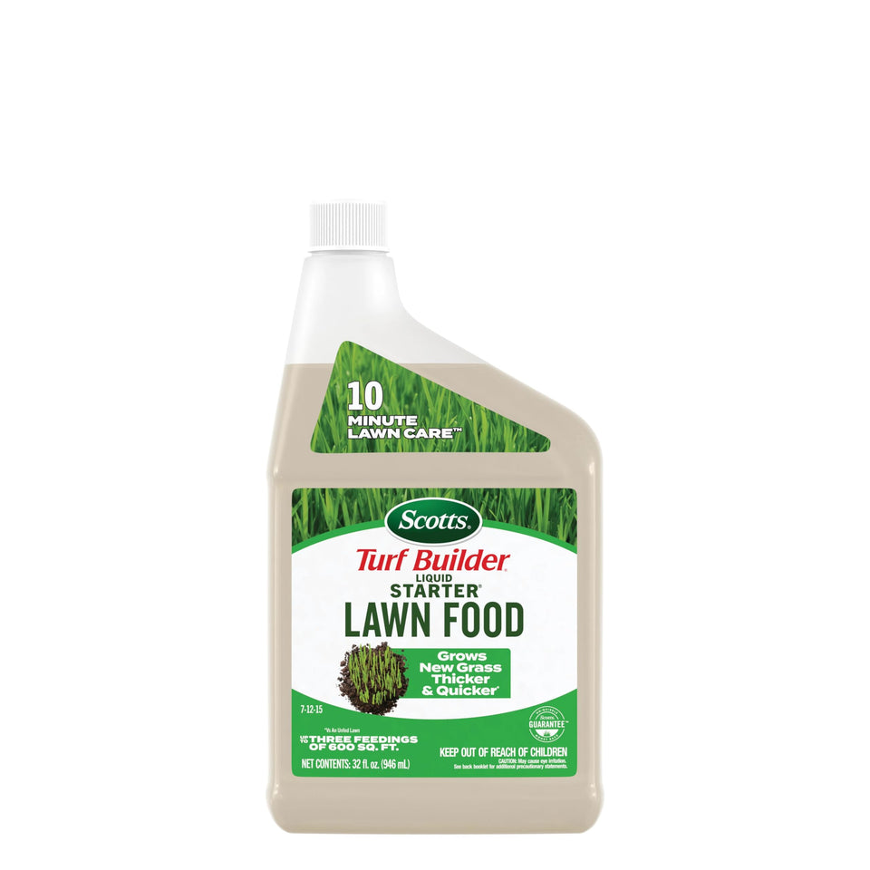 Scotts Turf Builder Liquid Starter bottle ready for fast, 10-minute lawn feeding on new grass.