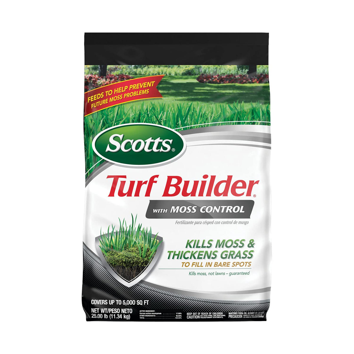 Scotts Turf Builder with Moss Control bottle close-up shows moss control and lawn feeding.