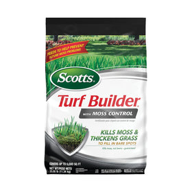 Scotts Turf Builder with Moss Control bottle close-up shows moss control and lawn feeding.
