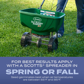 New lawn seeding process shown with Scotts Turf Builder for spring or fall.