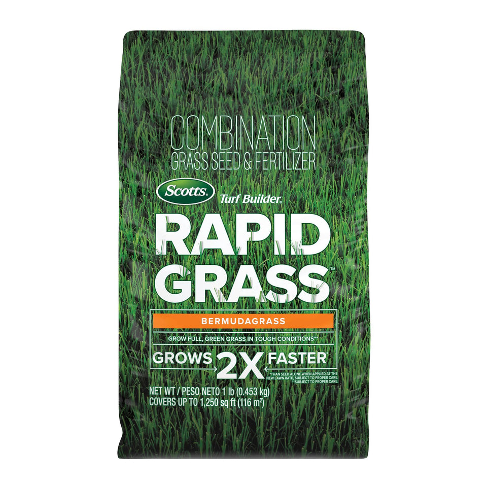 Scotts Turf Builder Rapid Grass Bermudagrass seed bag ready for fast lawn establishment.