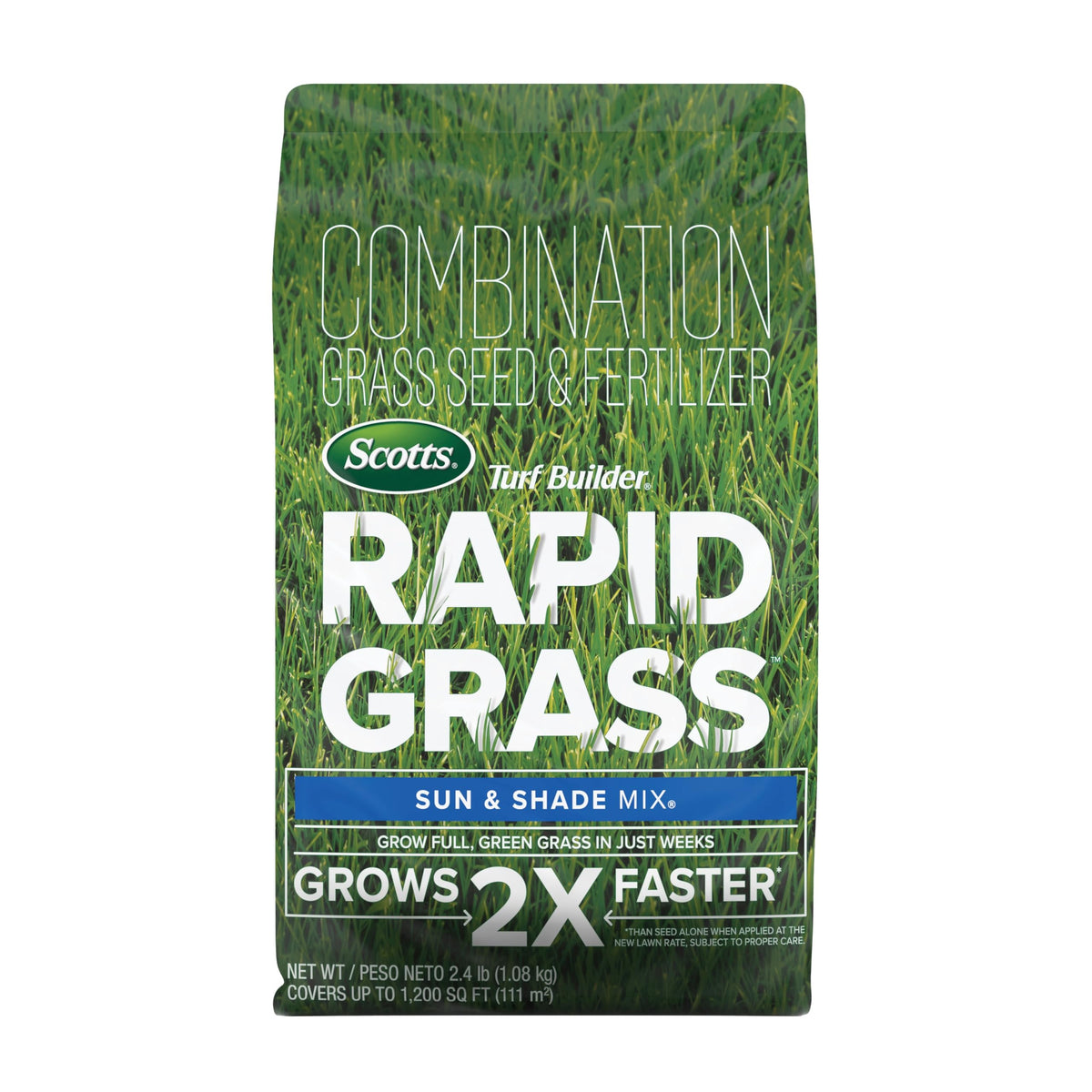Scotts Turf Builder Rapid Grass Sun & Shade Mix bag showing seed and fertilizer blend for quicker green growth