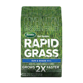Scotts Turf Builder Rapid Grass Sun & Shade Mix bag showing seed and fertilizer blend for quicker green growth