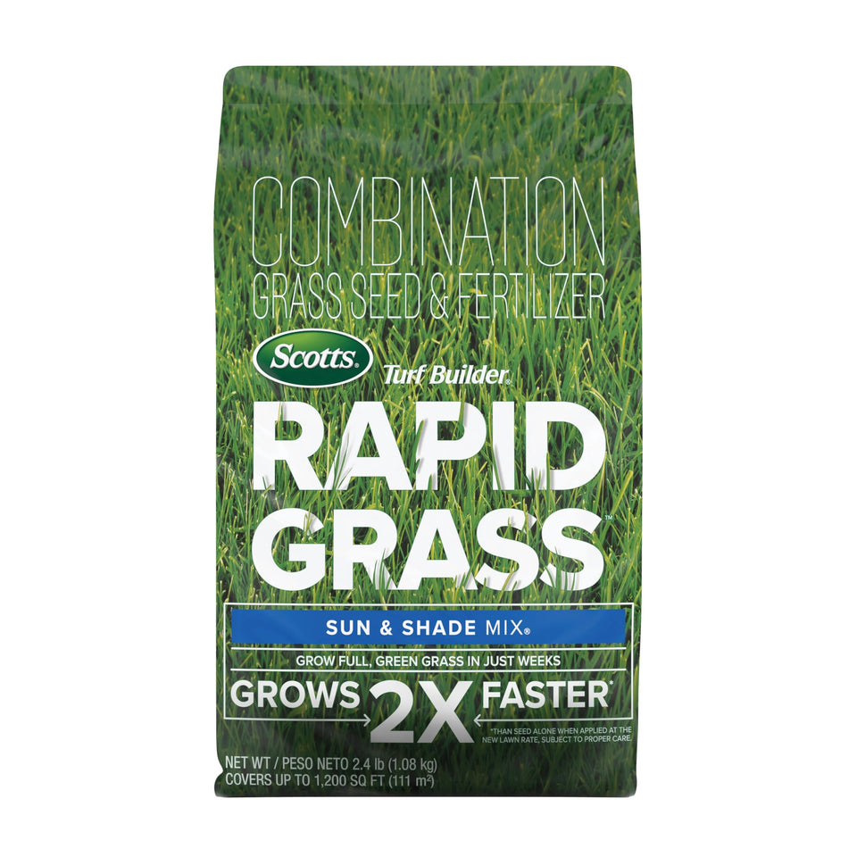 Scotts Turf Builder Rapid Grass Sun & Shade Mix bag showing seed and fertilizer blend for quicker green growth