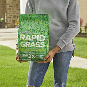 Scotts Turf Builder Rapid Grass Tall Fescue Fertilizer Formula nourishes emerging seedlings for faster green-up.