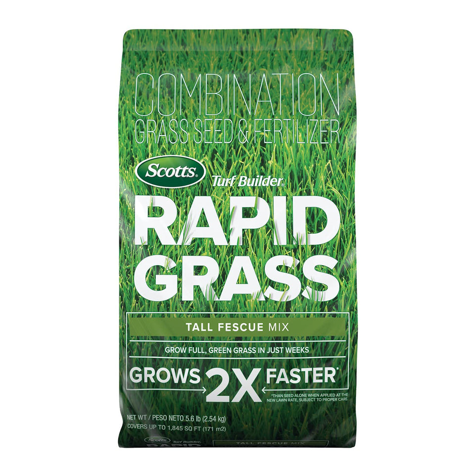 Scotts Turf Builder Rapid Grass Tall Fescue Seed Bag promotes quick lawn establishment.