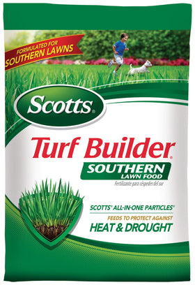 Scotts Turf Builder Southern Lawn Food bag ready for application on a healthy lawn