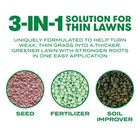 Scotts spreader applying Thick'R Lawn for even coverage and better overseeding results.