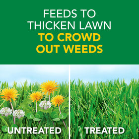 Spreader applying Weed & Feed5 for even lawn coverage.