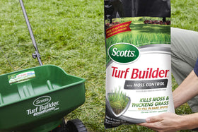 Scotts Turf Builder spreader settings display for even moss control application.
