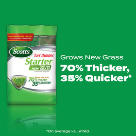 Scotts Turf Builder Starter Food shown with spreader for even application