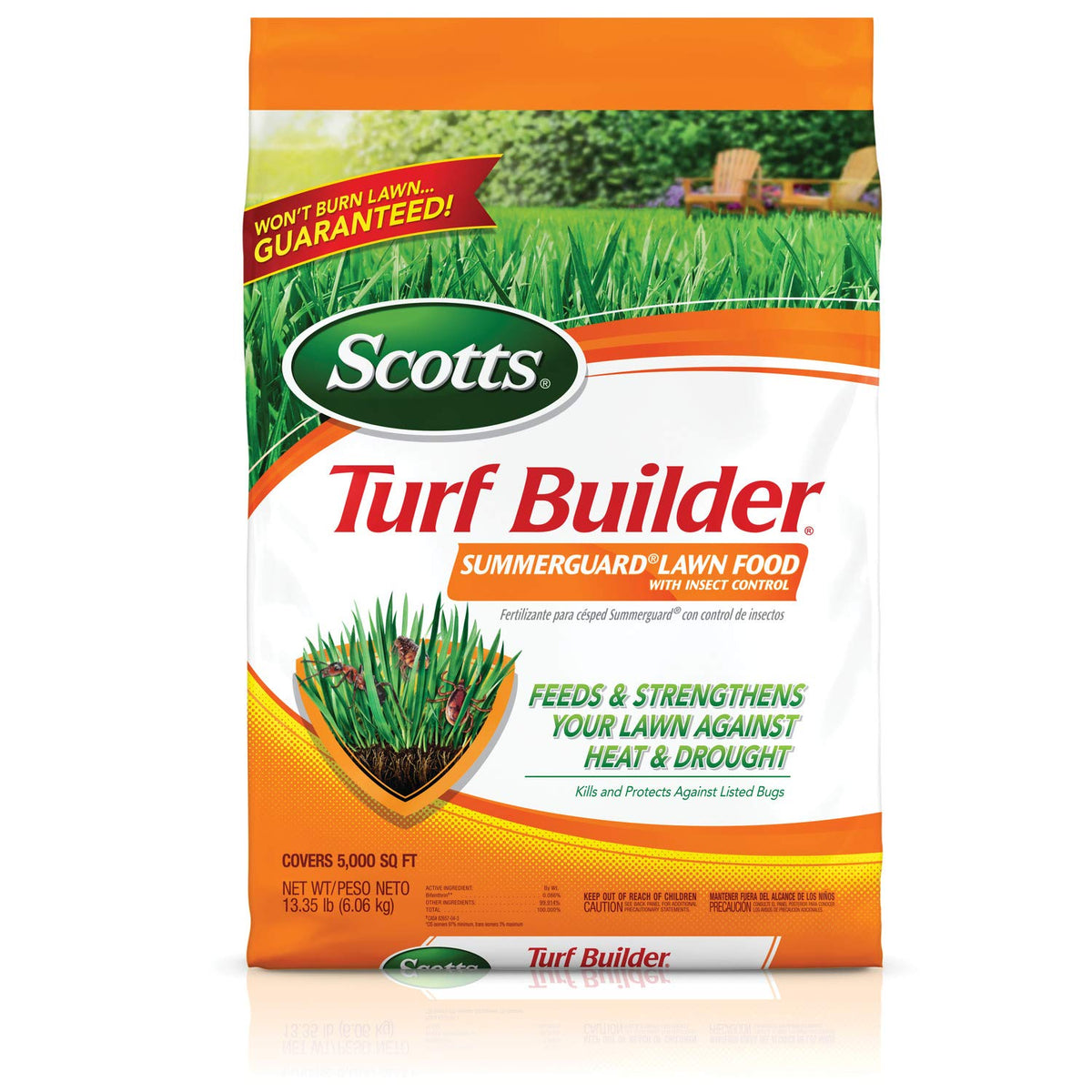 Scotts Turf Builder SummerGuard bottle being poured to feed and protect a lawn.