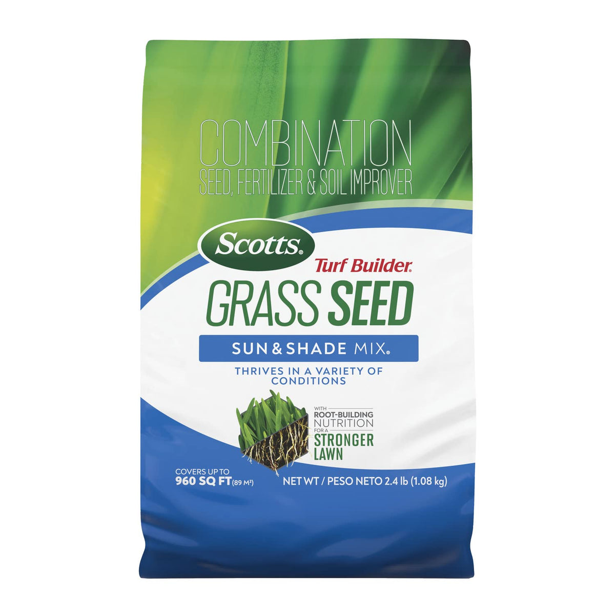 Scotts Turf Builder Sun & Shade Mix seed bag showing root-building nutrition for a thicker, healthier lawn.